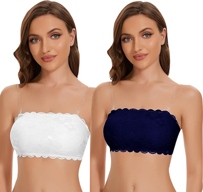 IndiRocks Women's Seamless Tube Bra - Lace - Stretchable - Transparent Straps Free Women Bandeau/Tube Lightly Padded Bra(Dark Blue, White)