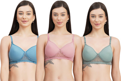 paris fashion Women's Cotton Padded Laces Full Coverage Bra with Adjustable Straps Pack of 3 Women T-Shirt Lightly Padded Bra(Green, Pink, Blue)