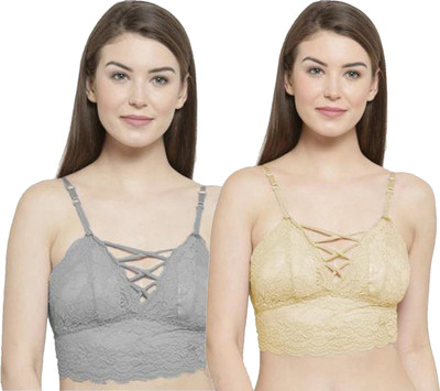 IndiRocks Women's Lace Solid Padded Full Cup Wire Free Bralette Bra Women Bralette Lightly Padded Bra(Beige, Grey)