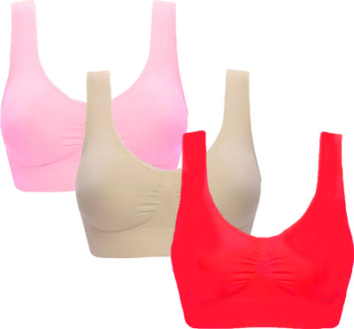 BRAAFEE Pack of 3 Girls Stretchable Cotton Air sports non padded seamless sports gym bra Women Sports Non Padded Bra(Multicolor)