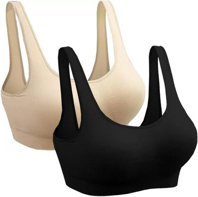texello Pack of 2 Girls Stretchable Cotton sports non padded seamless sports gym bra Women Sports Non Padded Bra(Beige, Black)