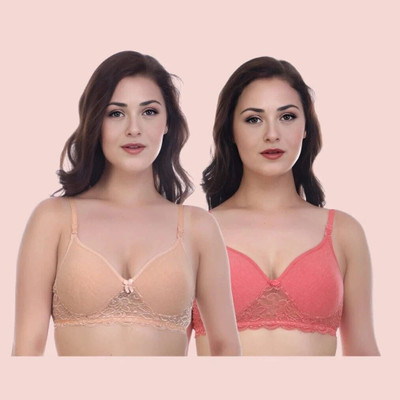 ellevia Lightly Padded Non-Wired Lace Bra for Women | Cotton Blend Women Full Coverage Lightly Padded Bra(Beige, Pink)
