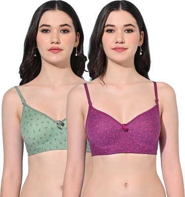 FIMS Women Cotton Blend Padded Non-wired Everyday Bra Purple Green Women T-Shirt Lightly Padded Bra(Purple, Green)
