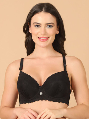 PrettyCat Women High Quality Floral Trim Lace T-Shirt Bra Women T-Shirt Lightly Padded Bra(Black)
