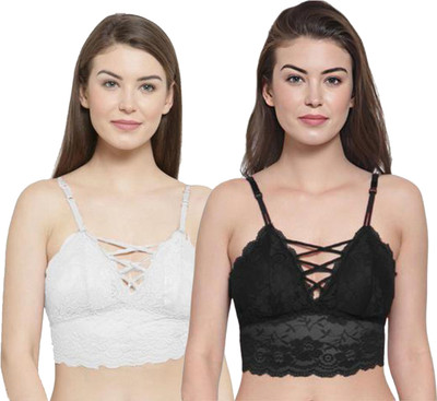 IndiRocks Women's Lace Solid Padded Full Cup Wire Free Bralette Bra Women Bralette Lightly Padded Bra(Black, White)