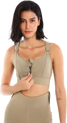 WOMENDATA High Impact Front Zip Velcro Sports Bra for Women, Adjustable. Gym, Yoga Women Sports Lightly Padded Bra(Green)