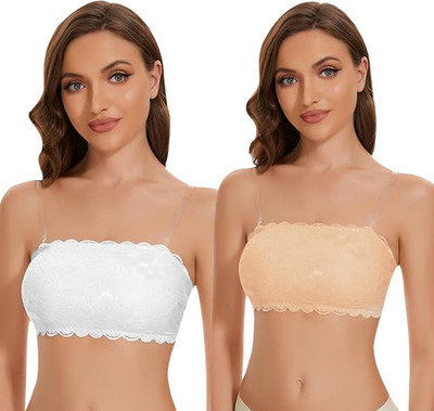 IndiRocks Women's Seamless Tube Bra - Lace - Stretchable - Transparent Straps Free Women Bandeau/Tube Lightly Padded Bra(Beige, White)