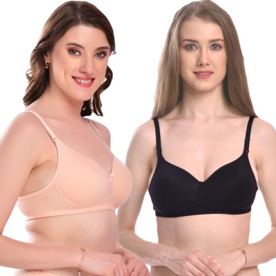 LuvRon Cotten Bra 2Pcs Set Women Push-up Lightly Padded Bra(Black, Beige)