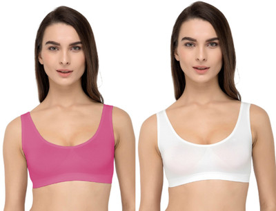 Guru Krupa Traders Women's Cotton Lycra Non Padded Pull On Spport Bra For Everyday Wear Women Sports Non Padded Bra(Pink, White)