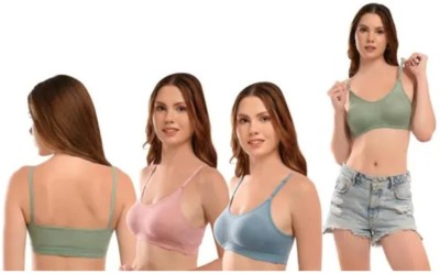 Hamza Exports Pack of 3 Women Full Coverage Non Padded Bra Women Everyday Non Padded Bra(Blue, Green, Pink)