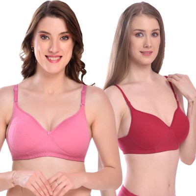 LuvRon Cotten Bra 2Pcs Set Women Push-up Lightly Padded Bra(Red, Pink)