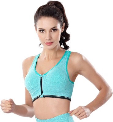 Wave Fashion Zipper Front Design Women Sports Lightly Padded Bra(Green)