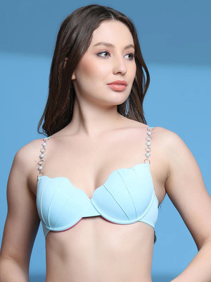 PrivateLifes Lightly Padded Scalloped Hot Plunge Bra With Pearl Strap Women Plunge Lightly Padded Bra(Light Blue)
