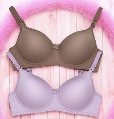 Trakudi Women T-Shirt Lightly Padded Bra(Beige, Purple)