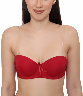QAUKY QAUKY Women Cotton Padded Backless Invisible Clear Transparent Bra Women Push-up Heavily Padded Bra(Red)