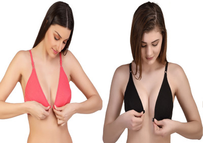 Desiprime Stylish B Cup Front Open Bra Set of 2 Women Plunge Non Padded Bra(Black, Orange)