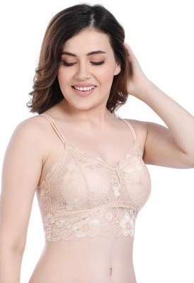 SWIFFIN Women's Floral Lace Longline Bralette with Double Strap Design Women Bralette Lightly Padded Bra(Beige)