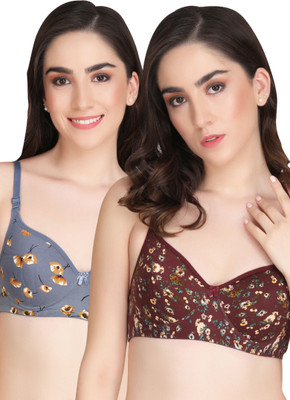 Liigne Printed Padded Bra (Pack Of 2) Women Full Coverage Lightly Padded Bra(Grey, Maroon)