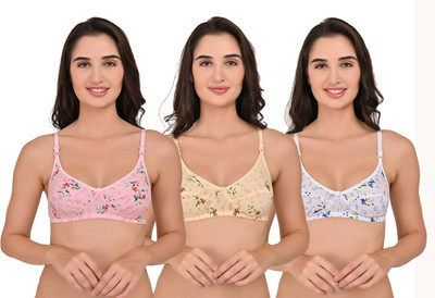 Esaki Floral Print Non-Padded Everyday Bra - Pink Cotton Wirefree Full Coverage Women Everyday Non Padded Bra(Beige, Pink, White)