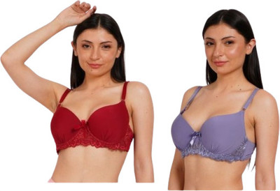 Ksvry Combo Pack of Two Women's Plain With Lace Bra Red and Light Purple Color Women Push-up Lightly Padded Bra(Red, Blue)