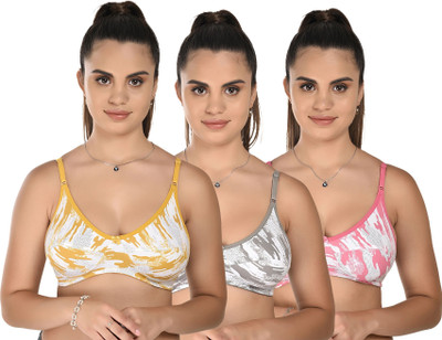 ASINA Comfortable Cotton Printed Bra Women Full Coverage Non Padded Bra(Pink, Yellow, Grey)