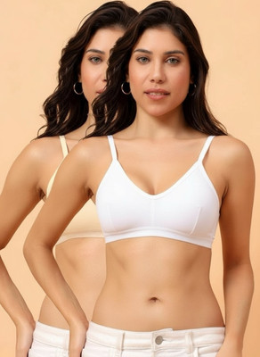 TrybeX Solid Full Coverage Non Padded Wireless Cotton Sports Bra for Gym Workout Combo Women Sports Non Padded Bra(Beige, White)