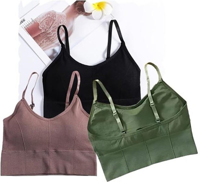 SoftSway Women Cotton Padded Wire Free Sports Bra Free Size Pack of 3 Women Bralette Lightly Padded Bra(Black, Green, Pink)