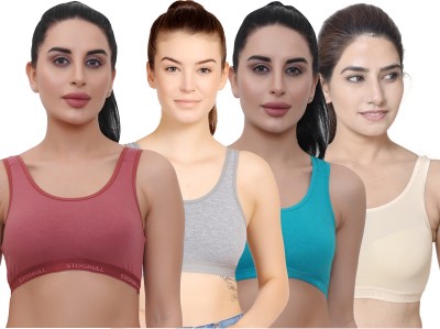 STOGBULL Cotton Lycra Sports Bra combo pack of 4 for Gym Yoga Exercise Running Workout Women Sports Non Padded Bra(Brown, Grey, Light Green, Beige)