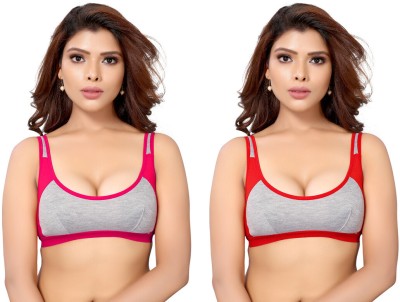 RISHIT ENTERPRISE Women's Full Comfortable Cotton Blend Chami Bra In Red & Pink And 28A Size Women Sports Non Padded Bra(Red, Pink)