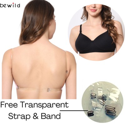 Bewild casual everyday comfort bra for women and girls backless transparent straps bra Women T-Shirt Non Padded Bra(Black)