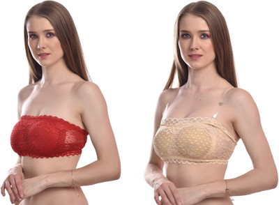 Rahul Trading Pack of 2 Lace Tube Bras Women Bralette Lightly Padded Bra(Red, Beige)