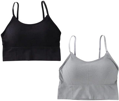 Tood Fashion Women And Girls Adjustable Strap Cotton Blend Women Sports Lightly Padded Bra(Black, Grey)
