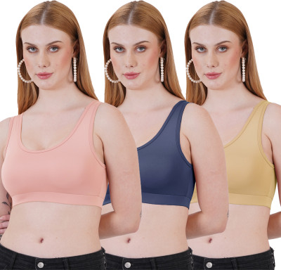 FigureFit SB04 Women Sports Non Padded Bra(Pink, Dark Blue, Beige)