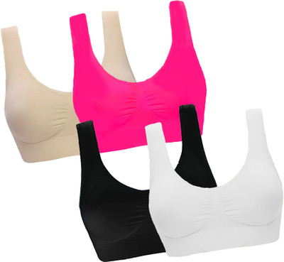 CHARMMODE Combo of 4 fully stretchable cotton everyday Sports bra Women Sports Non Padded Bra(Black, Beige, Pink, White)