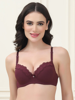 Quttos Quttos Lightly Padded Trim Lace Underwire Bra Women T-Shirt Lightly Padded Bra(Brown)