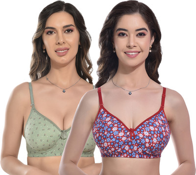 FIMS Women Cotton Blend Bra Floral Print Padded Pack of 2 Green Red Women Everyday Lightly Padded Bra(Green, Red)