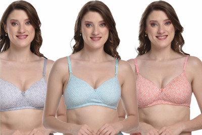 PESHE Printed Padded bra Full Coverage Combo Pack Women T-Shirt Lightly Padded Bra(Grey, Pink, Light Blue)