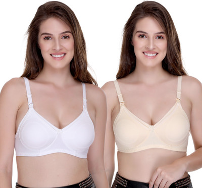 SONA Breast Feeding Maternity for Milk Feeding Elastic Straps for Nursing Women Maternity/Nursing Non Padded Bra(White, Beige)