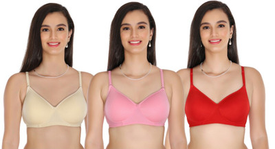 Fit Care Padded Non-Wired Demi Cup Bra With Removable Strap- PACK OF 3-RED,PINK,BEIGE Women Bralette Lightly Padded Bra(Multicolor)
