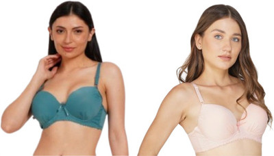 Ksvry Combo Pack of Two Women's Pearl T-Shirt Bra Teal and Light Orange Color Women Push-up Lightly Padded Bra(Multicolor)