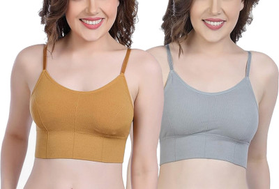 BRAASHEE PACK Of 2 Women's Girls cotton Blend full coverage padded sports bra bralette Women Sports Lightly Padded Bra(Yellow, Grey)