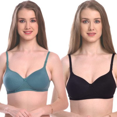 LuvRon KM-NON-PD-2S Women Push-up Non Padded Bra(Green, Black)