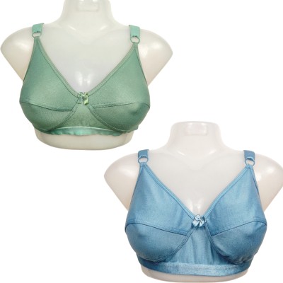 Rahis Dynamics Pack Of 2 Women Non Padded Solid Multicolour T-Shirt Bra Women Push-up Non Padded Bra(Green, Blue)