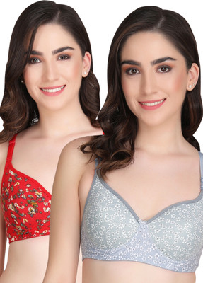 Liigne Printed Padded Bra (Pack Of 2) Women Full Coverage Lightly Padded Bra(Red, Grey)