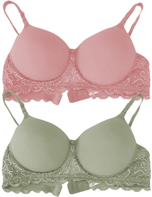 RAHA S.G Women T-Shirt Non Padded Bra(Green, Pink)