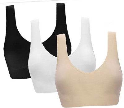 CHARMMODE Combo of 3 fully stretchable cotton everyday Sports bra Women Sports Non Padded Bra(Black, White, Beige)