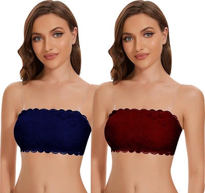 IndiRocks Women's Seamless Tube Bra - Lace - Stretchable - Transparent Straps Free Women Bandeau/Tube Lightly Padded Bra(Maroon, Dark Blue)
