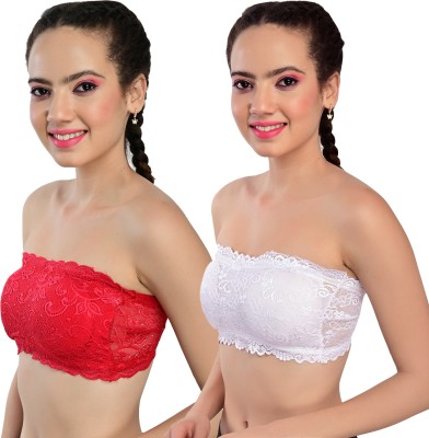 Paru Creations Women Full Lace Tube Bra Women Bandeau/Tube Non Padded Bra(Red, White)