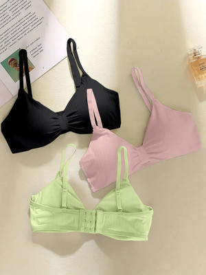 NAGARVEL CREATION 3337-PINK-BLK-PRT-03-32 Women Bralette Lightly Padded Bra(Black)