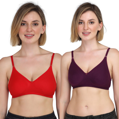 Aimly Aimly Women's Cotton Non-Padded Non-Wired Bra Red Purple 32 Pack of 2 Women T-Shirt Non Padded Bra(Multicolor)